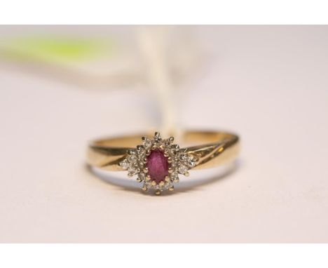 Ladies 9ct Gold Ruby &amp; Diamond Cluster set ring Size R. 2.8g total weight 