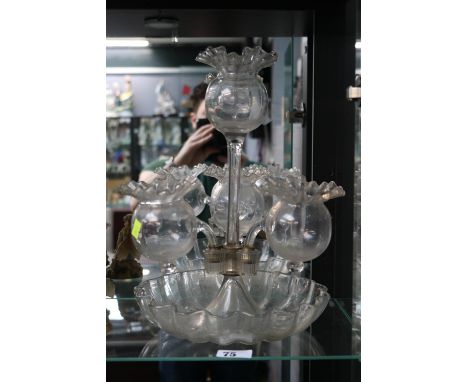 Late 19thC Clear glass Epergne 4 Branches and fluted tops in the form of Poppy Pods over Circular tray. 34cm in Height 