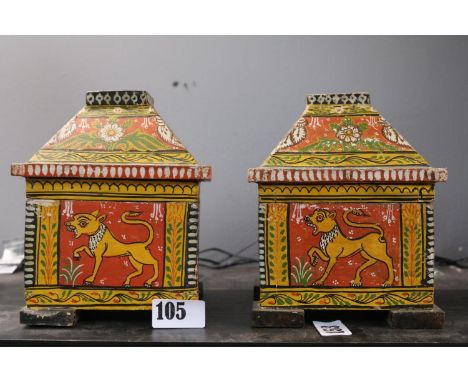 Pair of Late 19thC Indian Kashmir Mogul Folk Art Hand Painted Dowry Caskets. 13cm in Width by 17cm in Height 