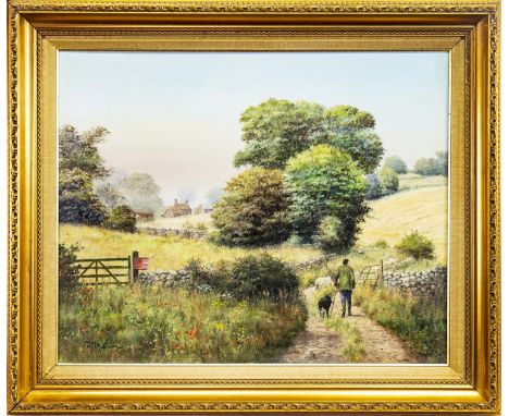 * WILLIAM R (BILL) MAKINSON, ONE MAN AND HIS DOG, oil on canvas, signed 41cm x 51cm Framed.