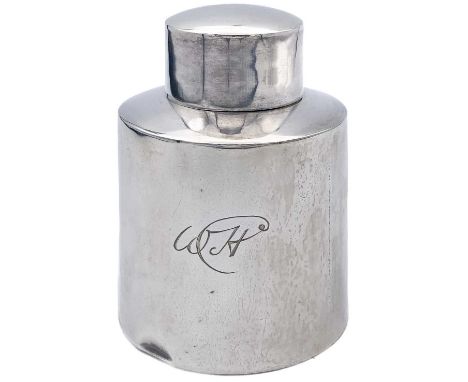 An Edwardian silver cylindrical tea caddy. With engraved monogram, worn hallmarks for Birmingham 1906, height 9cm, 3.19 toz.
