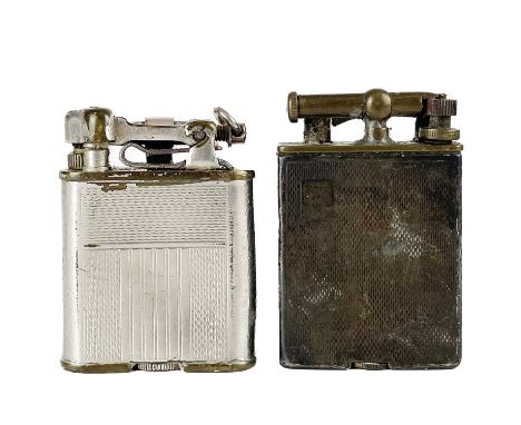 A Sterling silver engine turned pocket lighter. Stamped MADE IN ENGLAND STERLING SILVER, height 5.5cm; together with a nickel