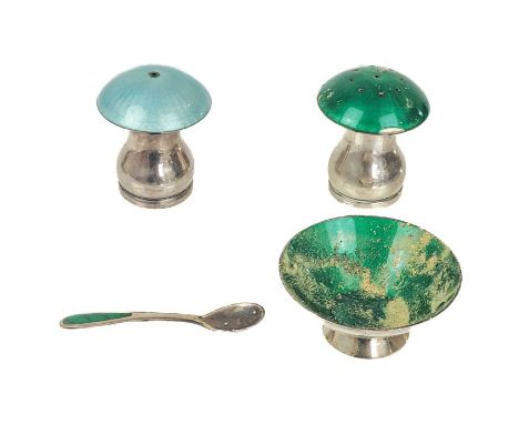 An Ela, Denmark, silver and guilloche enamel three piece cruet set. Comprising a salt and pepper pot of mushroom form, height