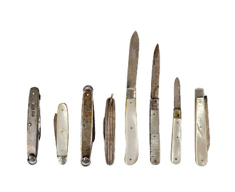 A collection of eight silver blade folding pocket knives. Including a Georgian example with mother of pearl handle, a silver 