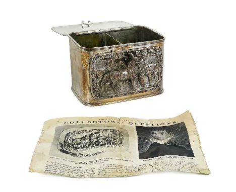 A Victorian silver plated equestrian interest two section tea caddy. The hinged lid and front heavily cast with equestrian sc