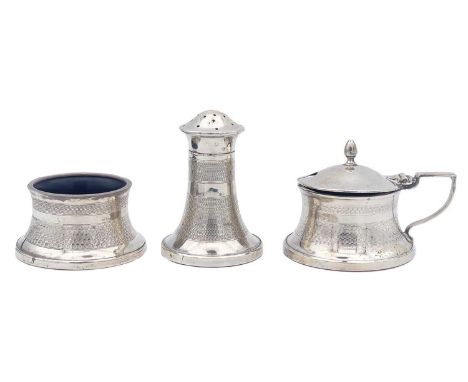 A George V silver three piece cruet set. With engine turned banding, bakelite liners, Birmingham 1933.These liners are perman