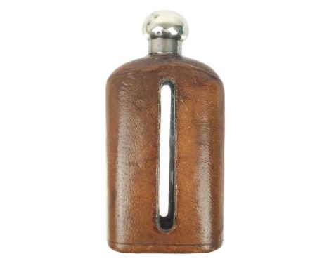 A Victorian silver lidded, leather-covered glass hip flask retailed by Asprey. The silver screw lid hallmarked London 1889, i