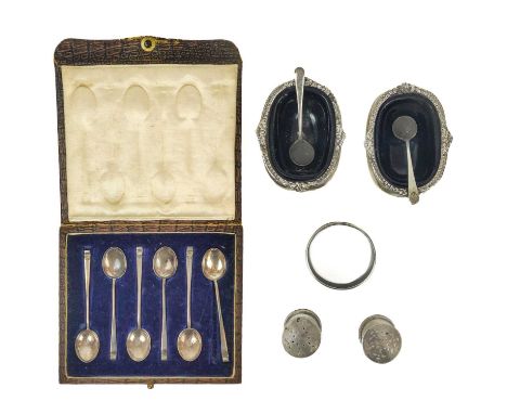 A collection of silver. To include a cased set of six demi-tasse spoons by Hukin &amp; Heath Ltd, Birmingham 1921; a pair of 