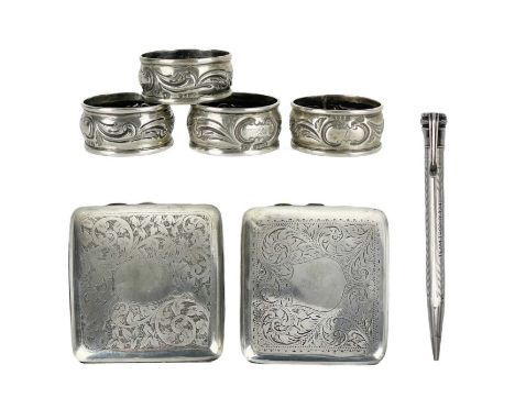 Two silver cigarette cases, a propelling pencil and four napkin rings. One cigarette case by Dudley Russell Howitt, London 19