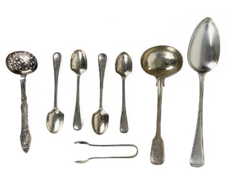 A selection of silver spoons. Including a Victorian fiddle thread pattern sauce ladle by Chawner &amp; Co, London 1863, a Geo