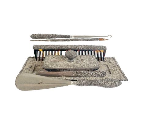 An American sterling silver dressing table and writing set by Jenkins & Jenkins Inc. Baltimore. Comprising a pen tray, dip pe