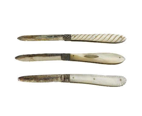 Three silver pocket knives with mother of pearl handles.  One by Thomas Marples with carved mother of pearl handle, another b