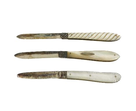 Three silver pocket knives with mother of pearl handles.  One by Thomas Marples with carved mother of pearl handle, another b