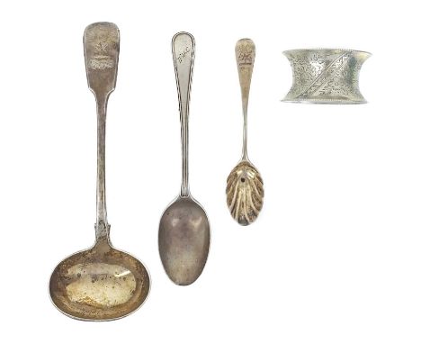 A mixed selection of silver. To include a Victorian Irish silver sauce ladle by Philip Weekes, Dublin 1842, length 17cm; two 