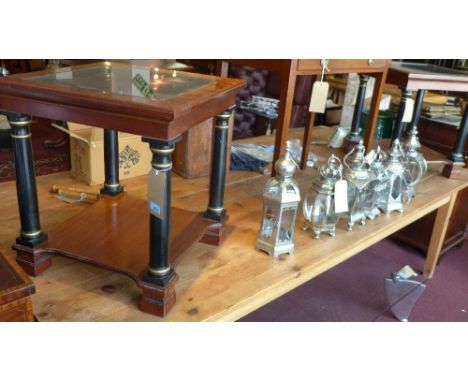 A 20th century mahogany and walnut lamp table, with glass top, H.60 W.55 D.55cm 