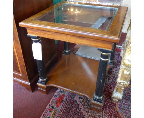 A 20th century mahogany and walnut lamp table, with glass top, H.60 W.55 D.55cm 