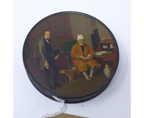Attributed to David Wilkie (1785-1841), a 19th century papier mache snuff box by Stobwasser, signed to interior 'Der Empfelun