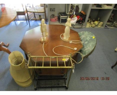 A gilt wood and marble effect console table and a an octagonal two tier table, along with a brass stick stand and two composi