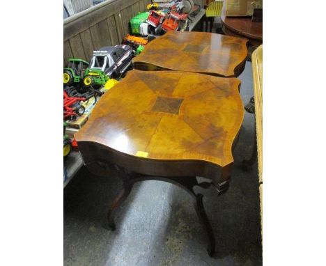 A pair of Weimar American reproduction inlaid mahogany lamp tables, on curved legs 