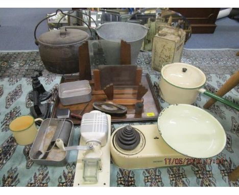 A mixed lot of kitchen items and other household items to include a coffee grinder, kitchen Harper scales with weights, photo