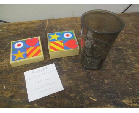 Pop Art - a set of four Peter Blake 2006 enamelled metal badges from Pallant House Gallery, Chichester, signed in pencil by P