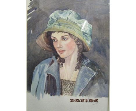 Greatehand ? - a portrait of a young girl wearing a green bonnet, watercolour, signed indistinctly in pencil to the lower mar