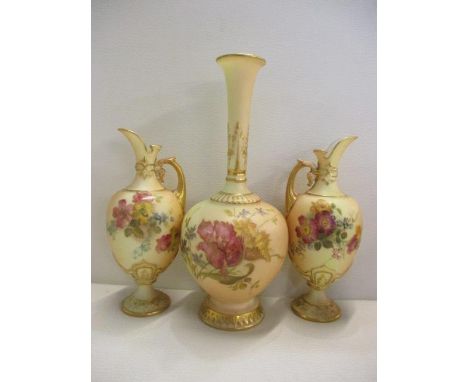 Three pieces of Royal Worcester blush ivory to include a vase numbered 1661 and a pair of jugs numbered 1581 