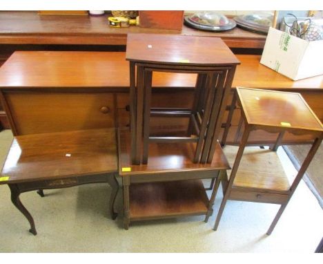 Mixed furniture to include a wash stand, a nest of tables, a two tier table, an Edwardian table with a hinged top and a ladde