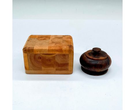 Includes a light colored wood rectangular hinged box, and a dark wooden round covered box. Rectangle: 2.5"L x 2"W x 1.5'H. Ro