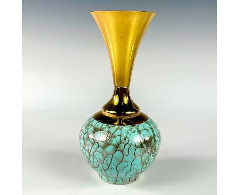 Turquoise toned with lustre finish &amp; branch patterning. Brass upper portion of piece.Hand Painted Delft Holland on bottom