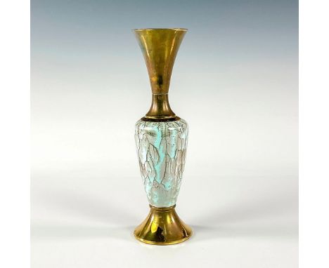 Turquoise toned with lustre finish &amp; branch patterning. Brass upper portion and base.Faded Delft Holland on bottom of pie