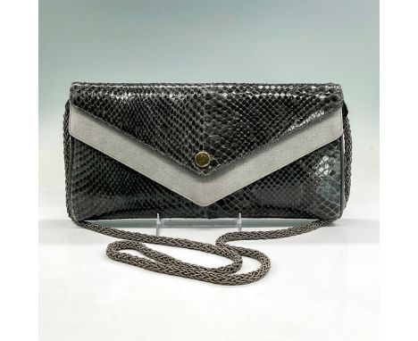 Charcoal grey and light grey suede envelope clutch handbag with braided soft cord shoulder strap. The shoulder strap is remov