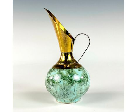 Turquoise toned with lustre finish &amp; branch patterning. With handle. Brass accented spout &amp; handle.Faded Hand Painted