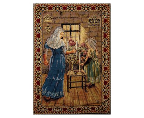 A beautifully detailed wall textile of a mother and daughter lighting candles. Artists initials sown on the lower right. 97% 