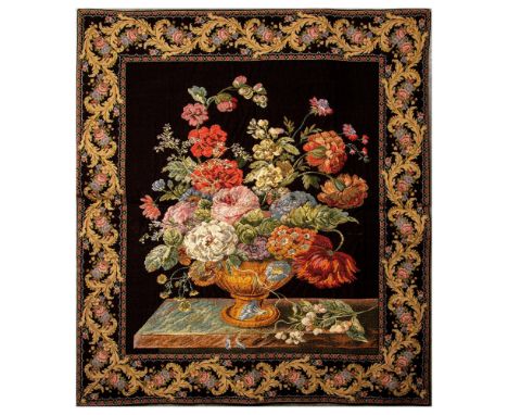 A hanging tapestry in a dark tones which emphasize the details of the vase bouquet. 50% wool and 40% cotton. Tapisseries De F