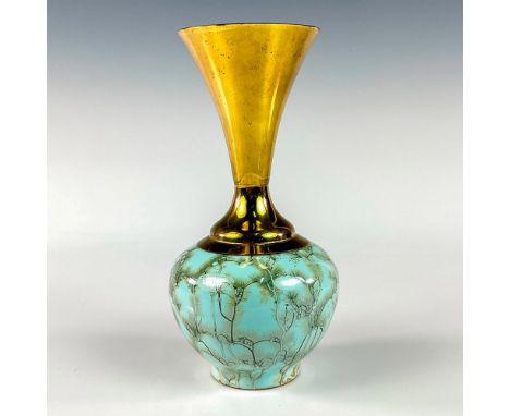 Turquoise toned with lustre finish &amp; branch patterning. Brass upper portion of piece.Hand Painted Delft Holland on bottom