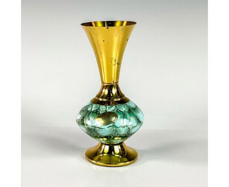 Turquoise toned with lustre finish &amp; branch patterning. Brass upper portion and base.Gold Delft sticker on front of piece