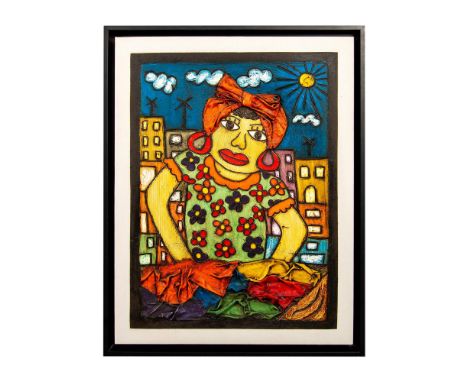 Cuban Folk Art painting on canvas that represents a ludic portrait of a young Cuban woman posing in a town street under a bri