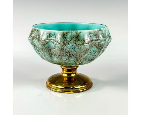 Turquoise toned with lustre finish &amp; branch patterning. Gold toned rim around piece.Hand Painted with raised relief geome