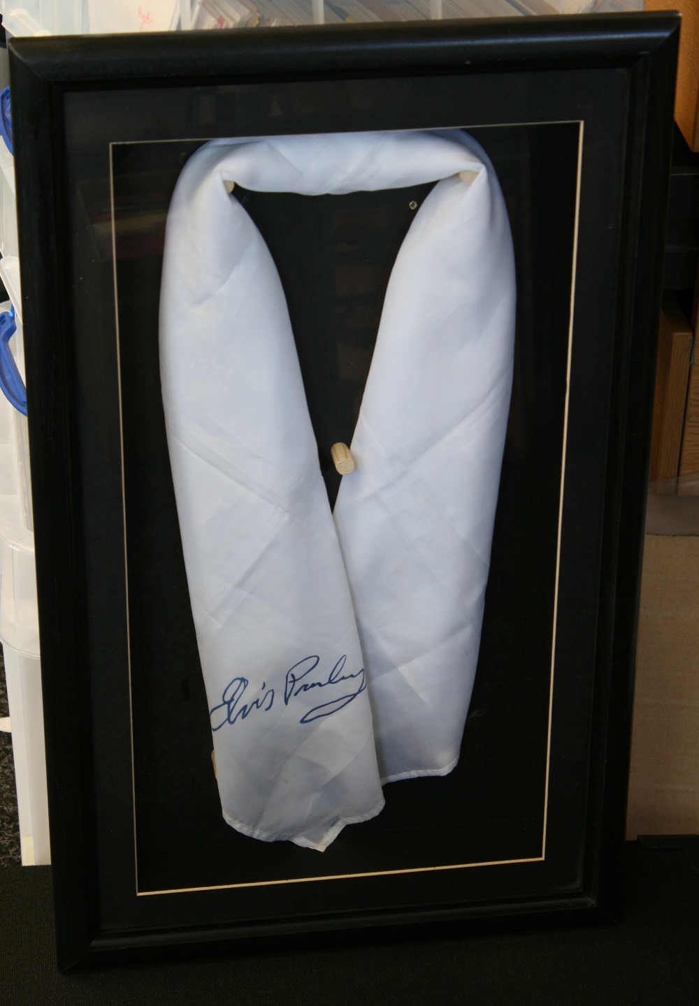ELVIS PRESLEY framed concert scarf with printed signature from Elvis