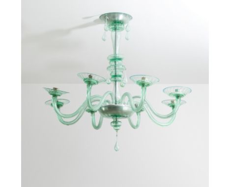 Lampada a sospensione. Vetro soffiato, alluminio lucidato. Italia anni 40.cm 86x92Buone condizioni generali. Piccole righe e 