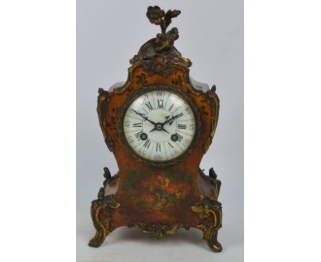 A c.1900 French eight day mantel clock with gilt metal mounted Vernis Martin style decorated  case, centred with a white enam