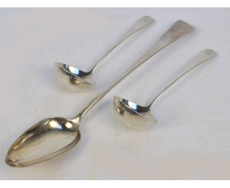 A pair of George III hallmarked silver Old English pattern ladles with plain circular bowls, engraved "LF M" to the finials, 