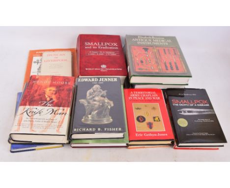 A quantity of books relating to small pox, surgical instruments and Edward Jenner, most with signed correspondence, reviews, 