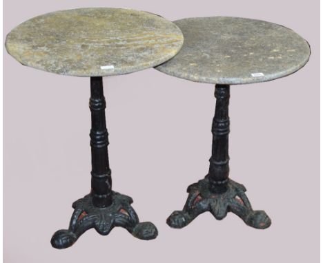 Two cast iron occasional tables with bamboo shaped supports and tripod feet, with different small circular marble tops, diame