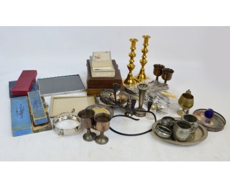 A small quantity of plated items including cased and loose flatware and cutlery, a rose bowl, vase, cruet, small goblets, pho