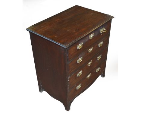 A late George III mahogany chest of small proportions, the moulded top above four drawers raised on splayed bracket feet, wid