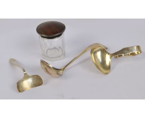 An Elizabeth II hallmarked silver Old English pattern small sauce ladle, Viners, Sheffield 1964, a silver baby's push with in