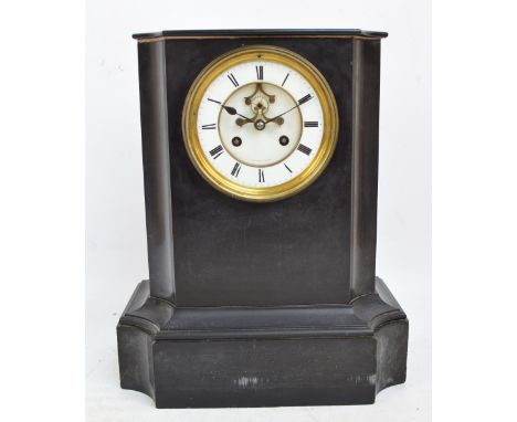 A late 19th century French black slate mantel clock with two-piece white enamel dial set with Roman numerals inscribed "Delet
