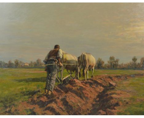GIUSEPPE GHEDUZZI (Italian 1889-1957); oil on panel, figures ploughing a field with oxen lead plough, signed, inscribed on a 